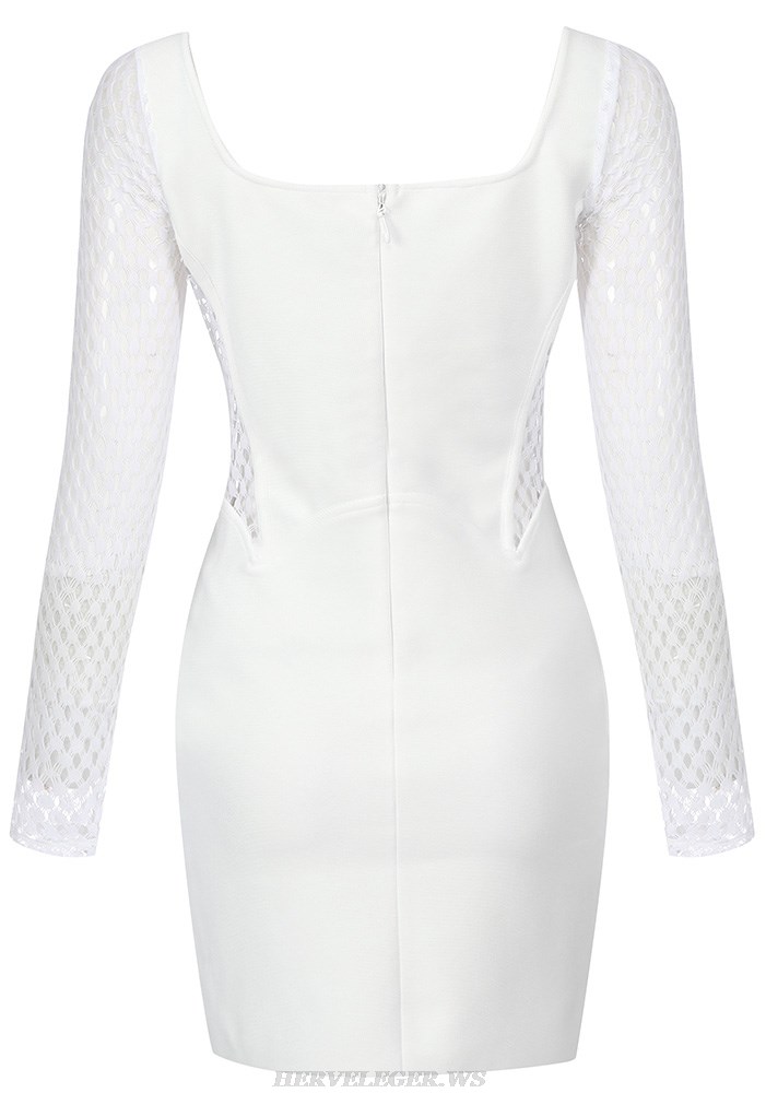 Herve Leger White Long Sleeve Crochet Corset Dress