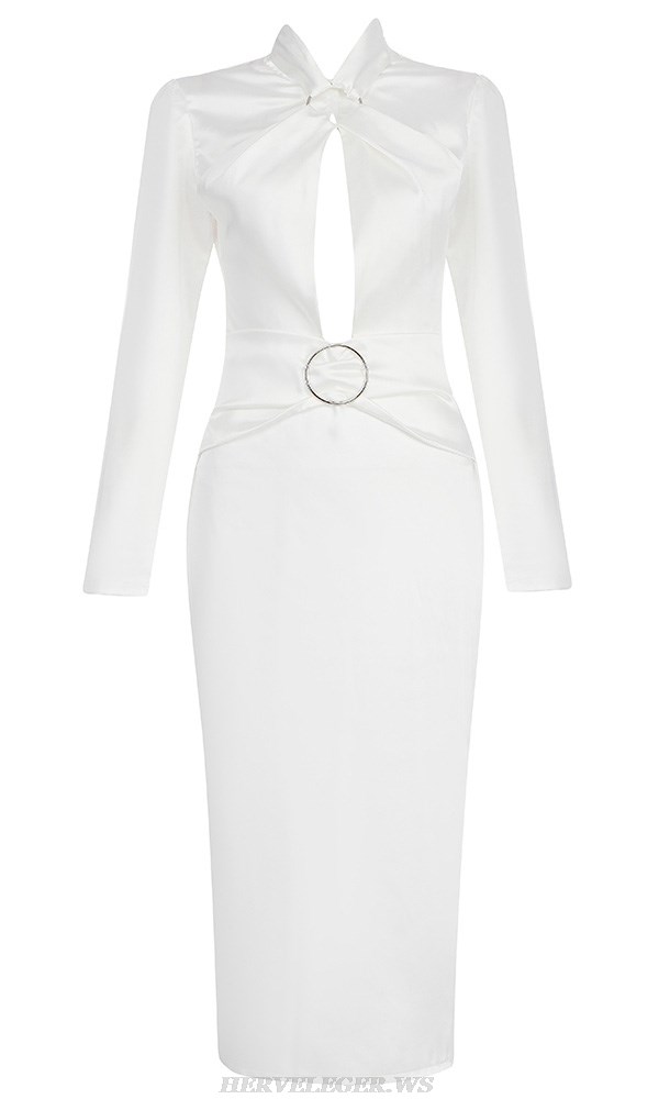 Herve Leger White Long Sleeve Cut Out Silk Dress