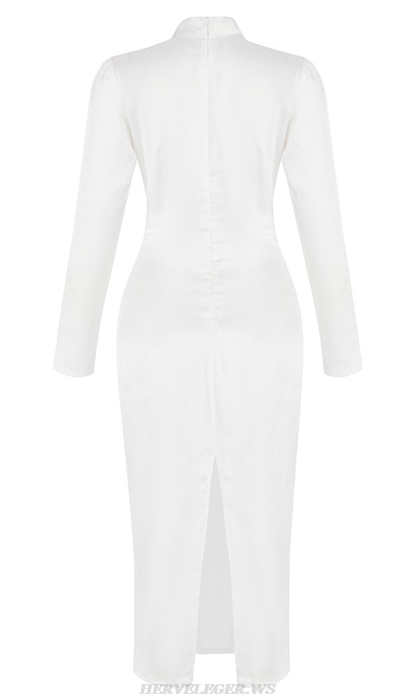 Herve Leger White Long Sleeve Cut Out Silk Dress