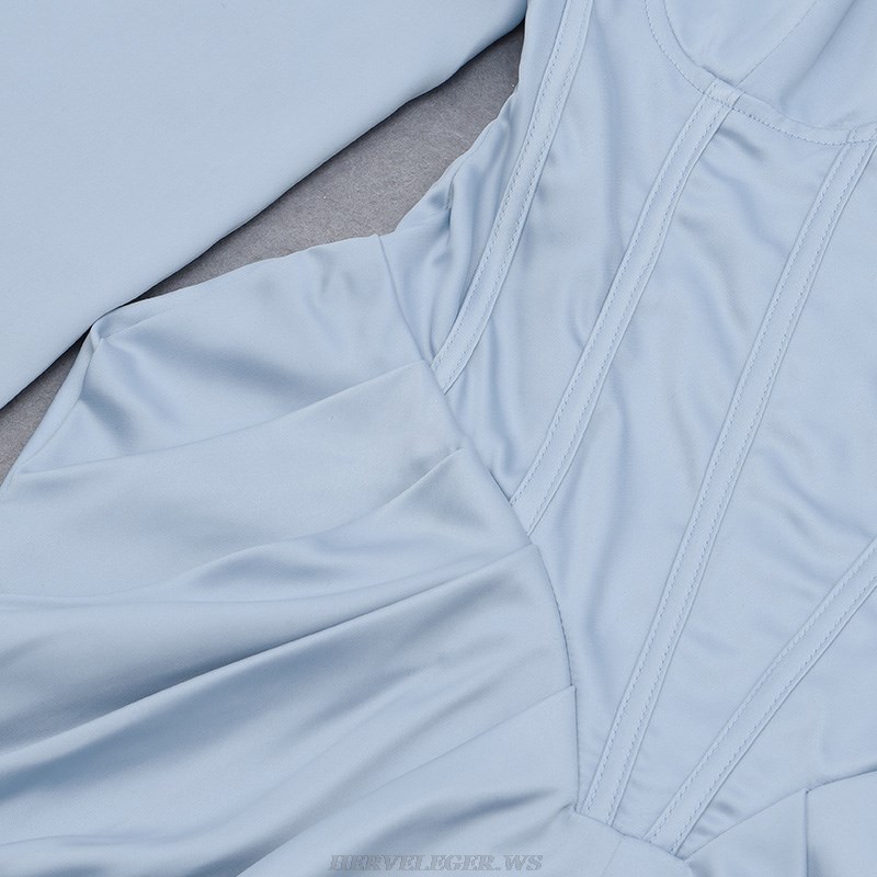 Herve Leger Blue Long Sleeve Draped Corset Belt Silk Dress