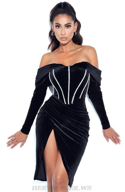 Herve Leger Black Long Sleeve Embellished Draped Corset Velvet Dress