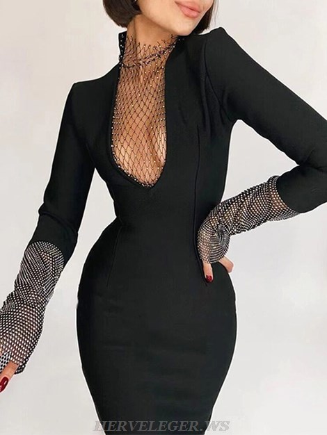 Herve Leger Black Long Sleeve Embellished Panel Dress