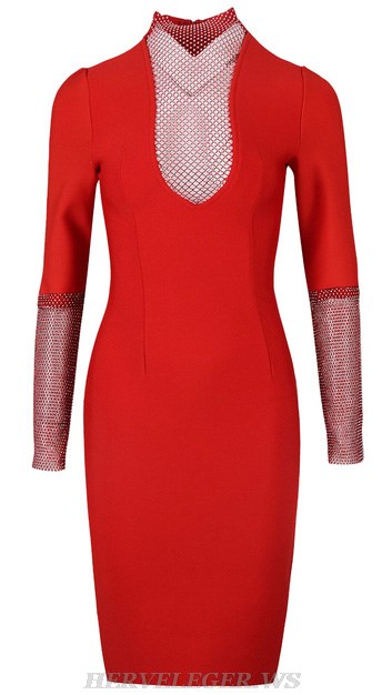 Herve Leger Red Long Sleeve Embellished Panel Dress
