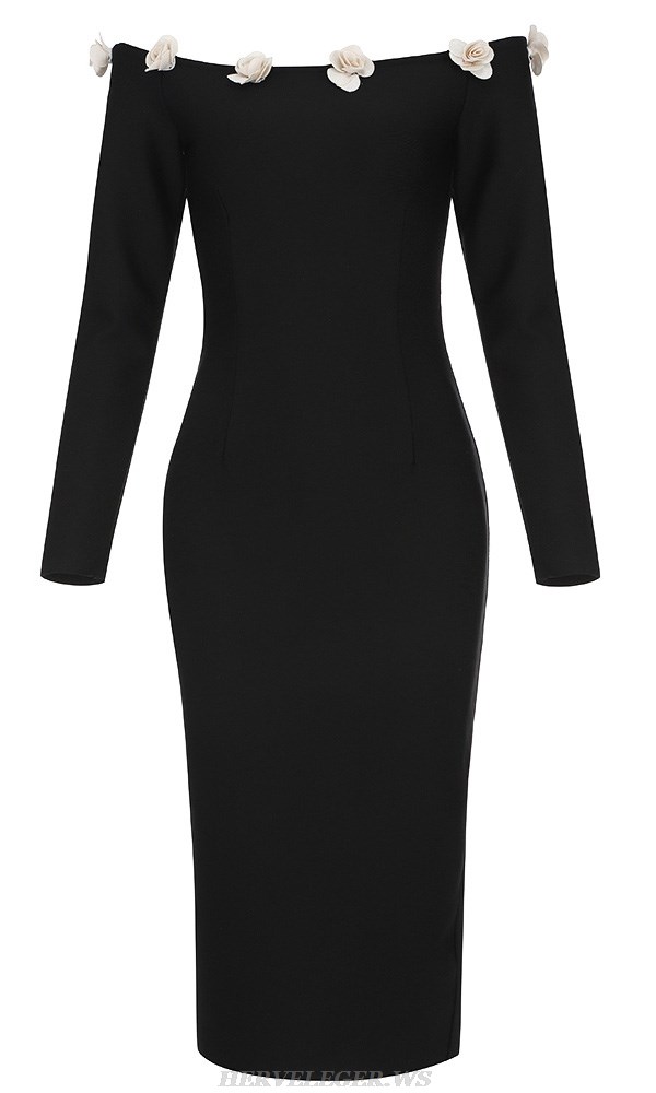 Herve Leger Black Long Sleeve Floral Detail Dress
