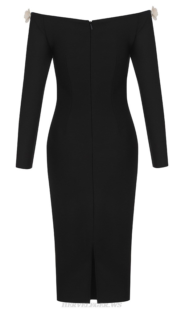 Herve Leger Black Long Sleeve Floral Detail Dress