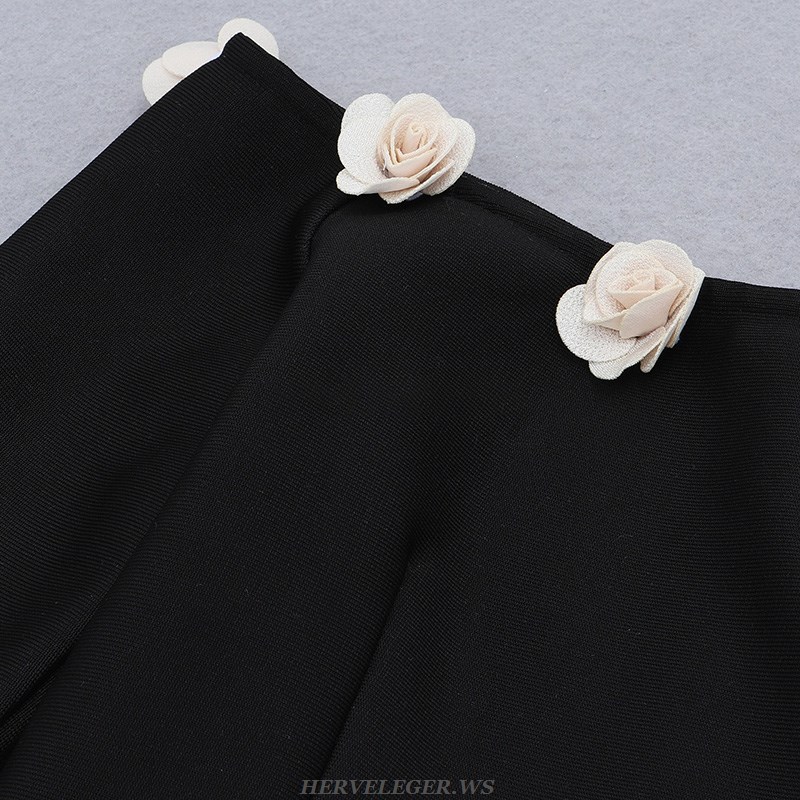 Herve Leger Black Long Sleeve Floral Detail Dress