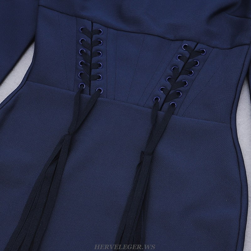 Herve Leger Navy Blue Long Sleeve Lace Up Detail Dress