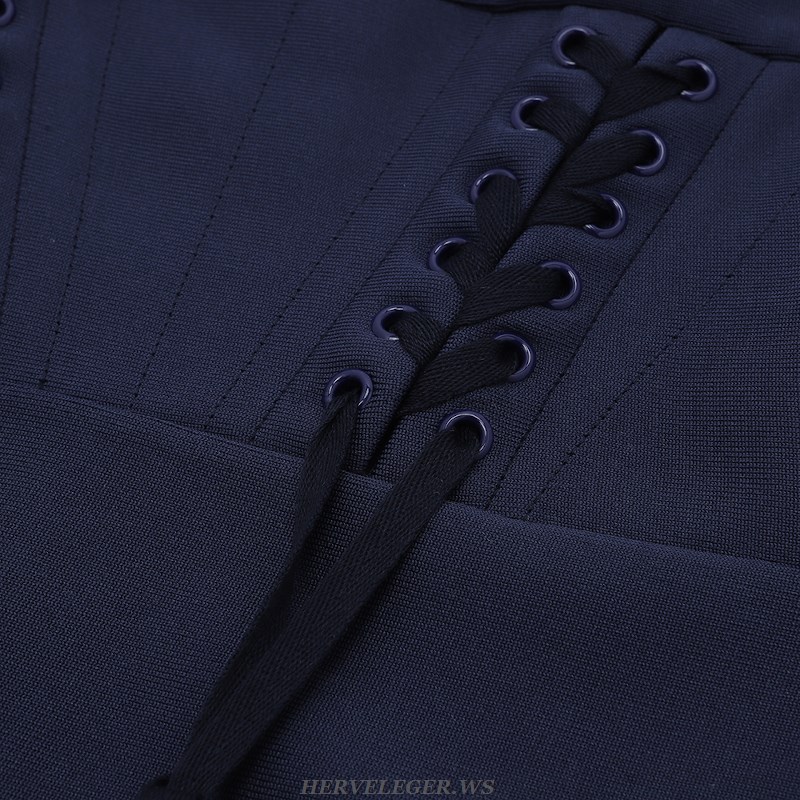 Herve Leger Navy Blue Long Sleeve Lace Up Detail Dress