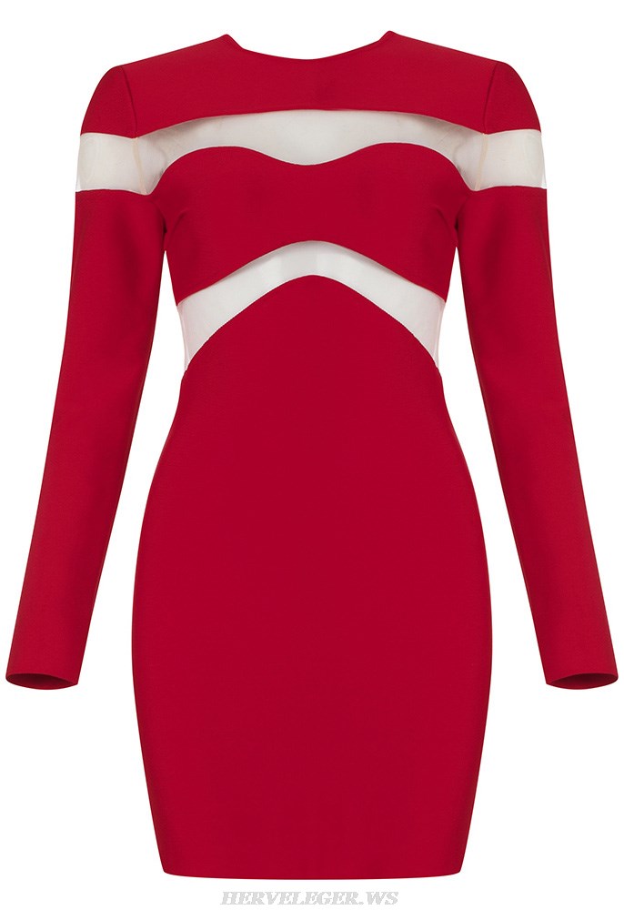 Herve Leger Red Long Sleeve Mesh Dress