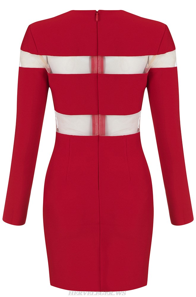 Herve Leger Red Long Sleeve Mesh Dress