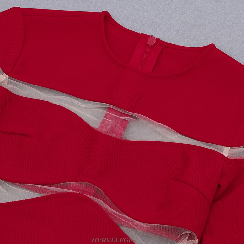 Herve Leger Red Long Sleeve Mesh Dress