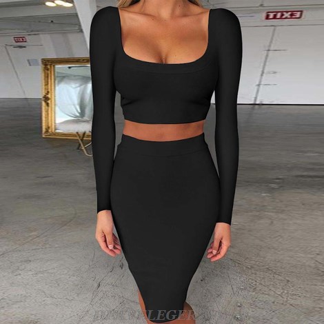 Herve Leger Black Long Sleeve Two Piece Dress