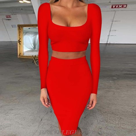 Herve Leger Red Long Sleeve Two Piece Dress
