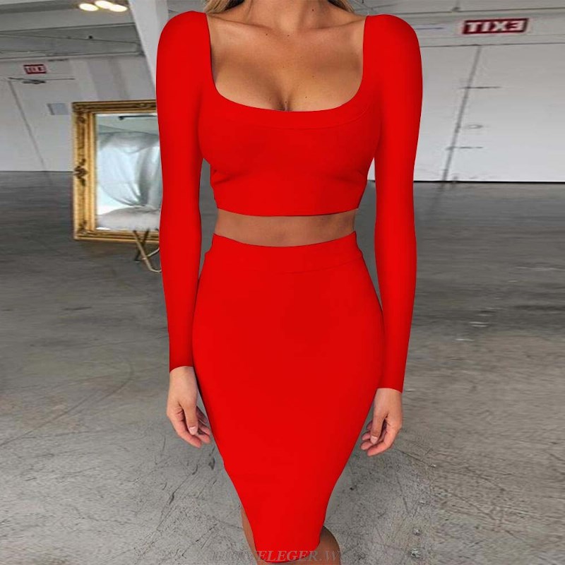 Herve Leger Red Long Sleeve Two Piece Dress