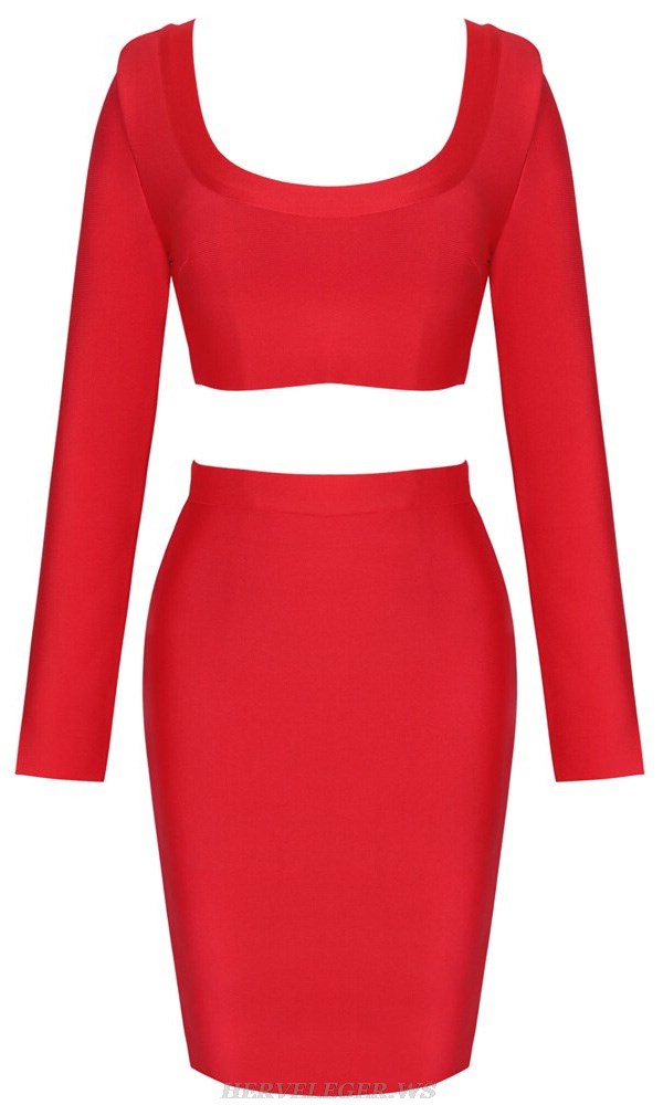 Herve Leger Red Long Sleeve Two Piece Dress