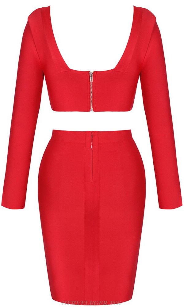 Herve Leger Red Long Sleeve Two Piece Dress