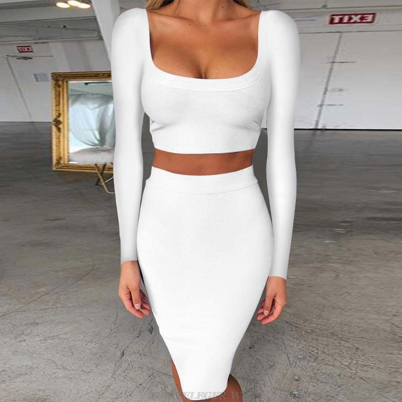 Herve Leger White Long Sleeve Two Piece Dress