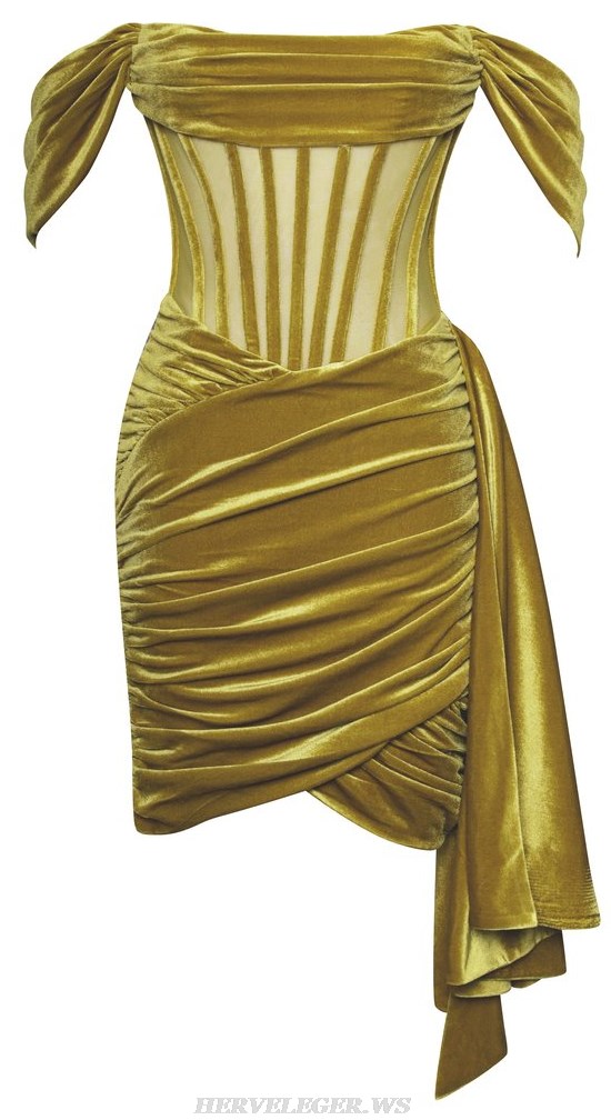 Herve Leger Gold Off Shoulder Draped Corset Velvet Dress