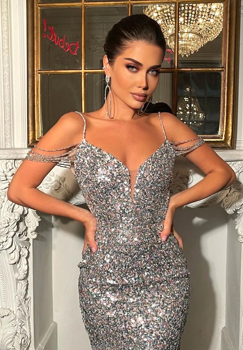 Herve Leger Silver Off The Shoulder Straps Dress