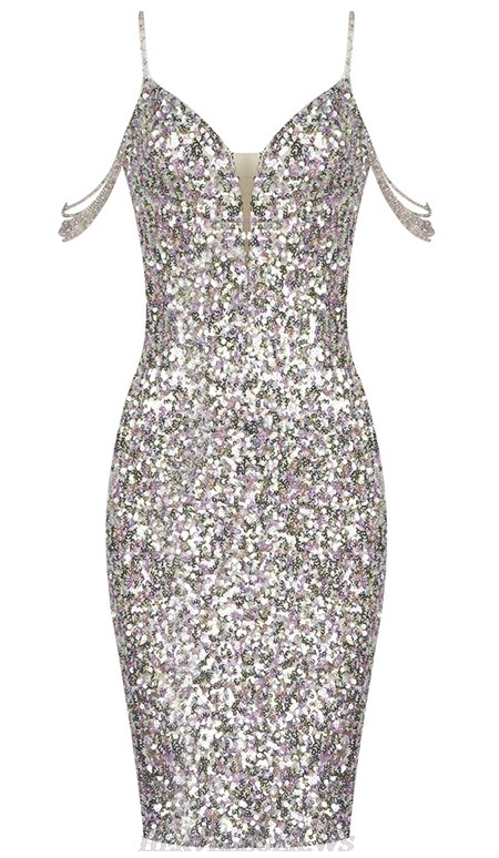 Herve Leger Silver Off The Shoulder Straps Dress