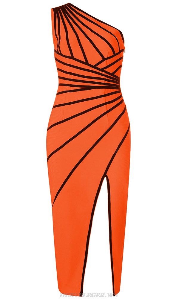 Herve Leger Orange One Shoulder Black Trim Dress