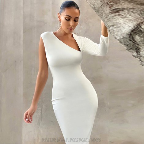 Herve Leger White One Sleeve Asymmetric Dress