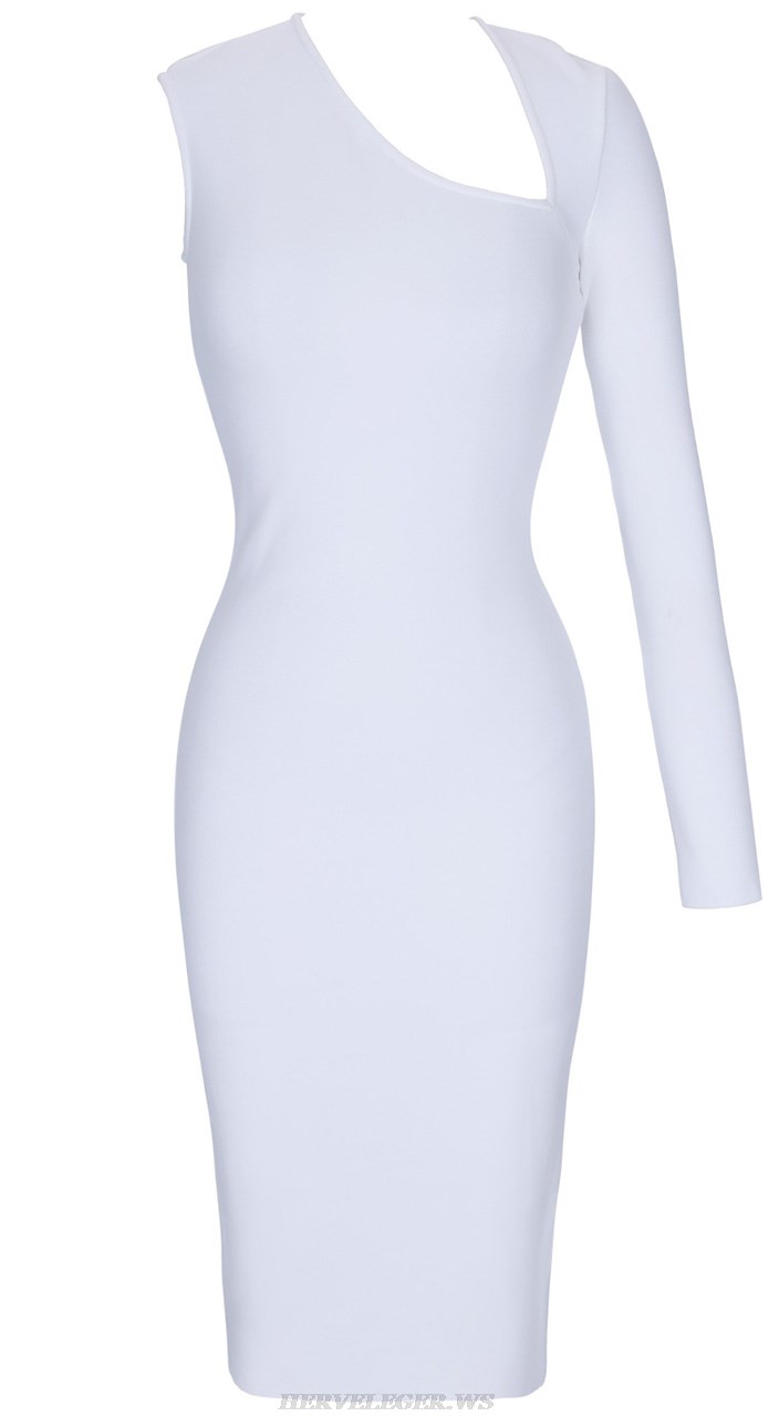 Herve Leger White One Sleeve Asymmetric Dress