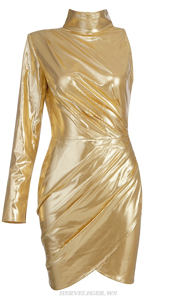 Herve Leger Gold One Sleeve Metallic Draped Dress