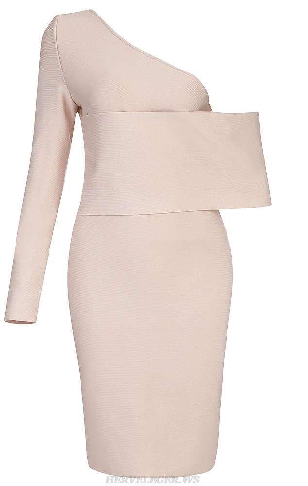 Herve Leger Nude One Sleeve Off The Shoulder Dress