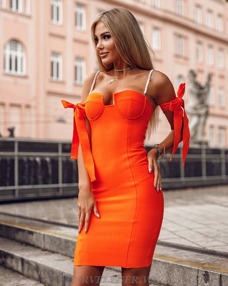 Herve Leger Orange Pearl Strap Bardot Bustier Dress