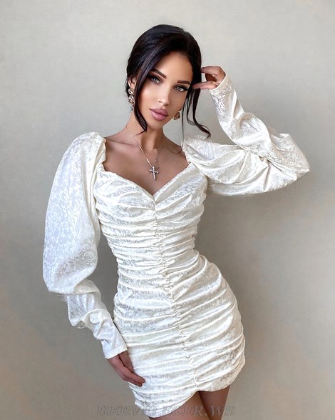 Herve Leger White Puff Long Sleeve Ruched Dress