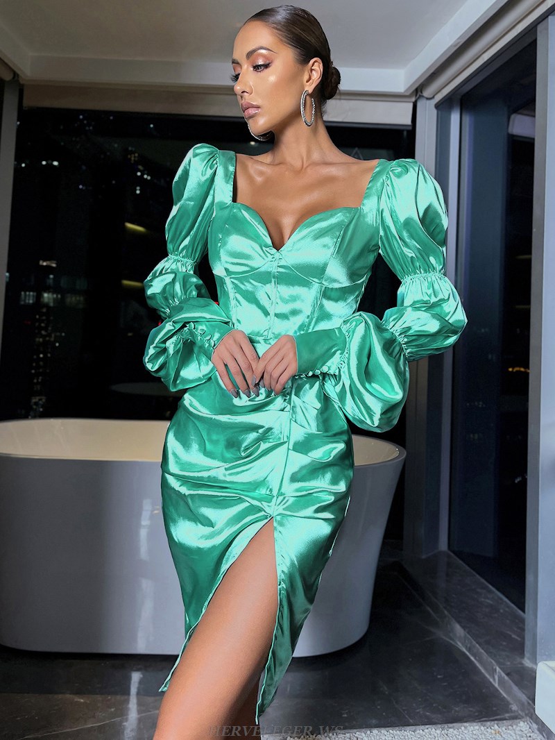 Herve Leger Green Puff Sleeve Draped Corset Dress