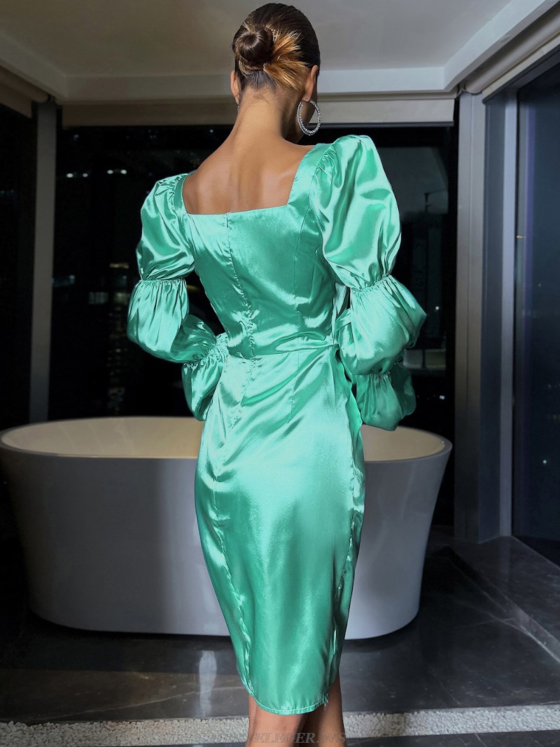 Herve Leger Green Puff Sleeve Draped Corset Dress