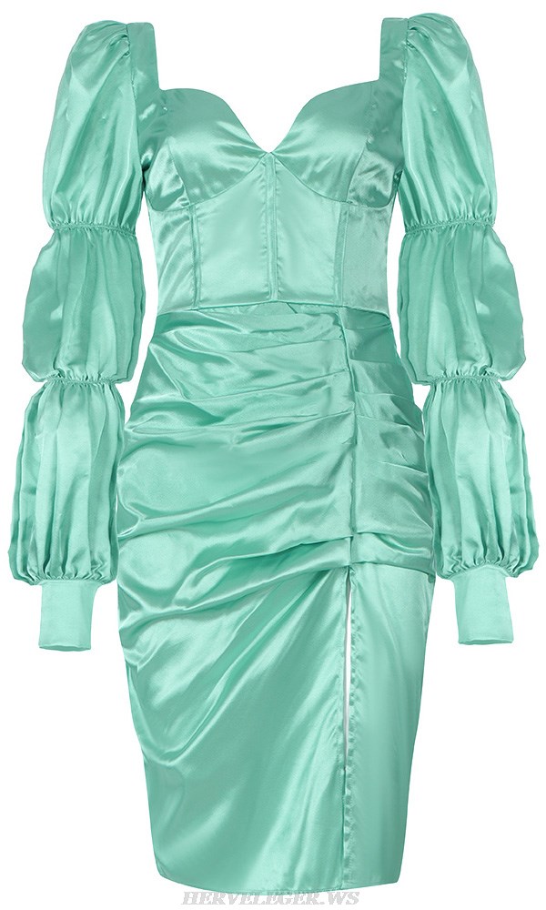 Herve Leger Green Puff Sleeve Draped Corset Dress