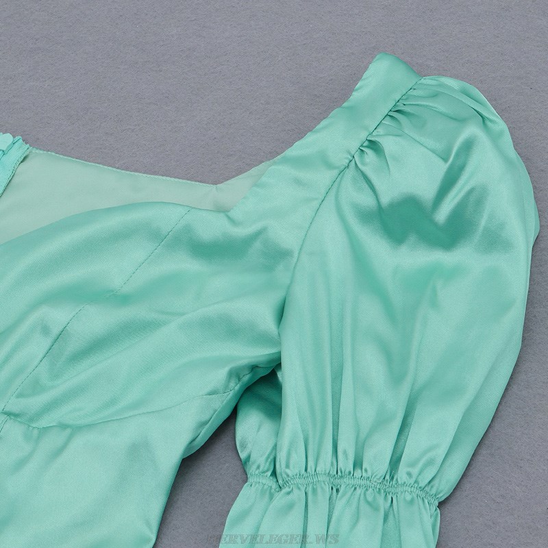 Herve Leger Green Puff Sleeve Draped Corset Dress