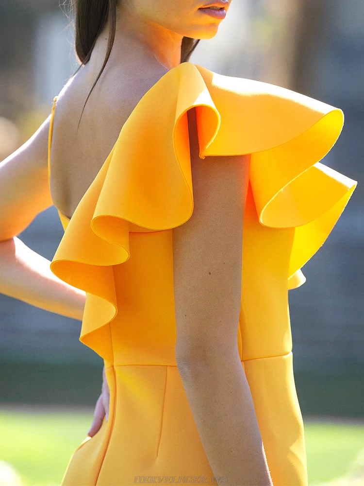 Herve Leger Amber Yellow Ruffle Detail Dress