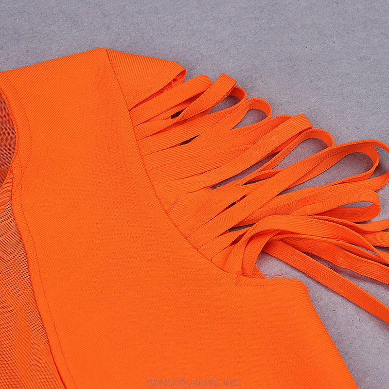 Herve Leger Orange Shoulder Straps Mesh Dress