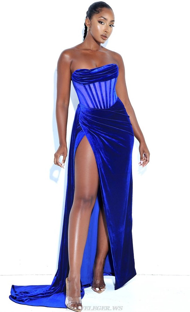 Herve Leger Blue Strapless Draped Corset Gown