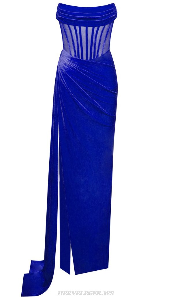 Herve Leger Blue Strapless Draped Corset Gown
