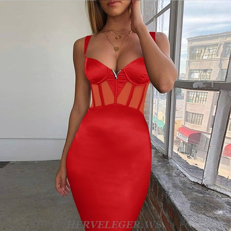 Herve Leger Red Structured Mesh Dress Herve Leger Red Structured Mesh Dress