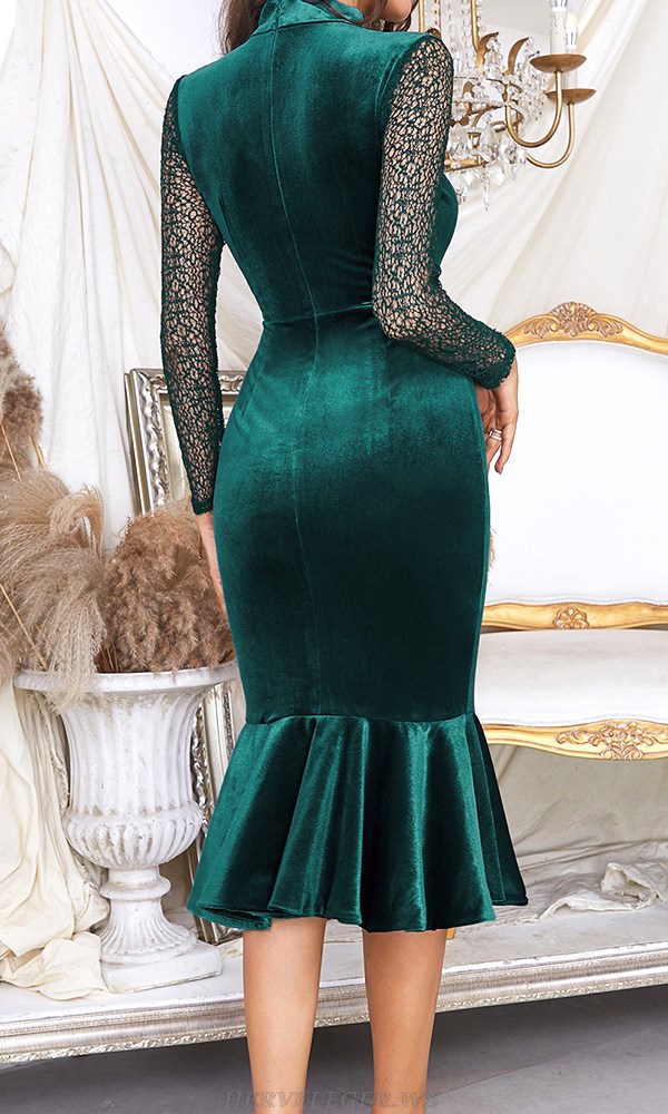 Herve Leger Green Crochet Long Sleeve Fluted Velvet Dress