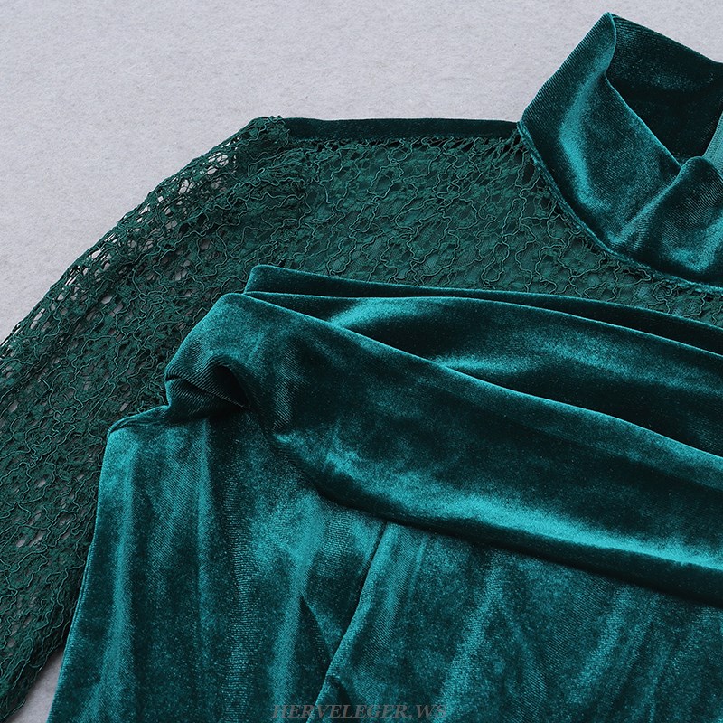 Herve Leger Green Crochet Long Sleeve Fluted Velvet Dress