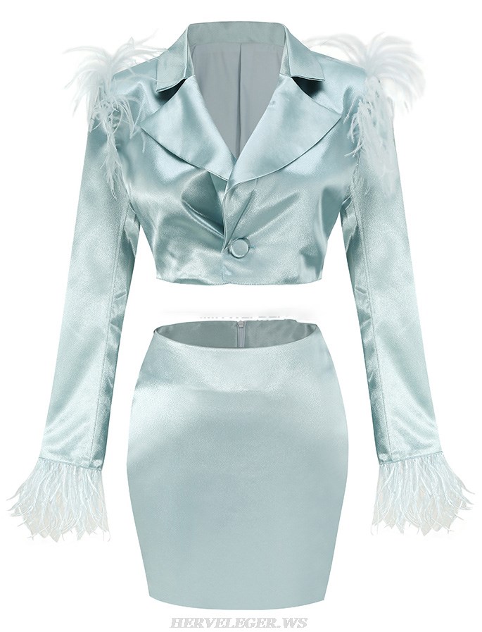 Herve Leger  Feather Detail Two Piece Silk Suit Pearl Blue
