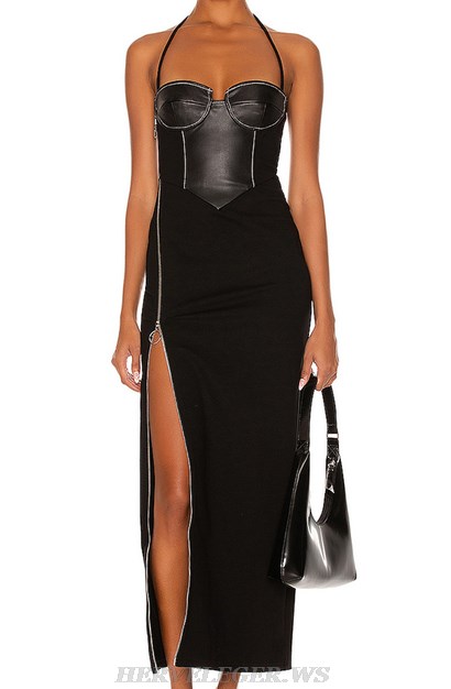 Herve Leger Black Halter Faux Leather Bustier Dress