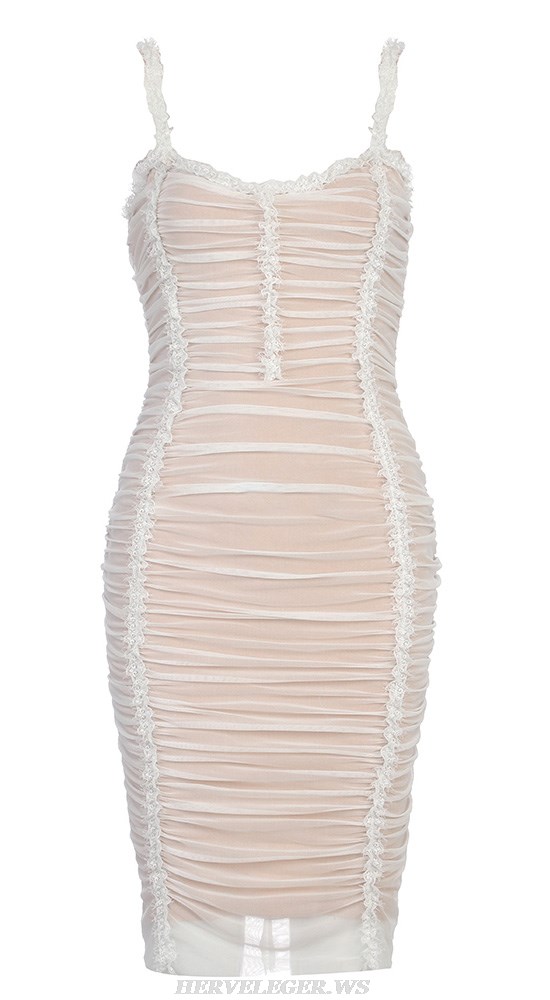 Herve Leger White Lace Trim Draped Dress