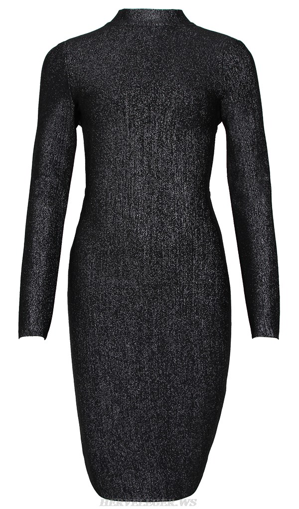 Herve Leger Black Long Sleeve Backless Sparkly Dress