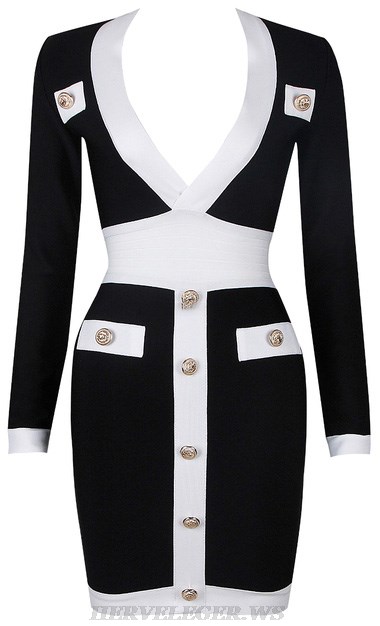 Herve Leger Black White Long Sleeve Button Detail Dress