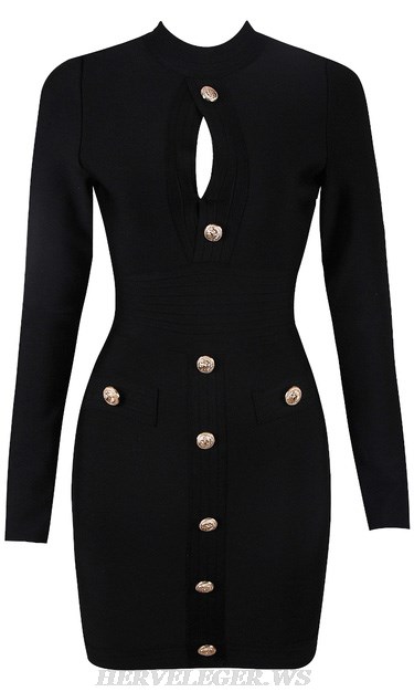 Herve Leger Black Long Sleeve Button Detail Dress