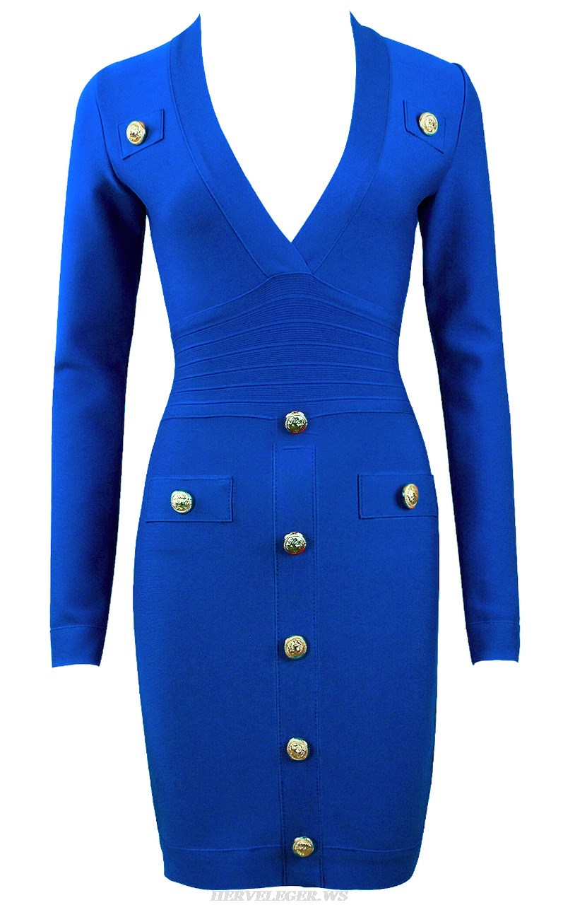Herve Leger Blue Long Sleeve Button Detail Dress