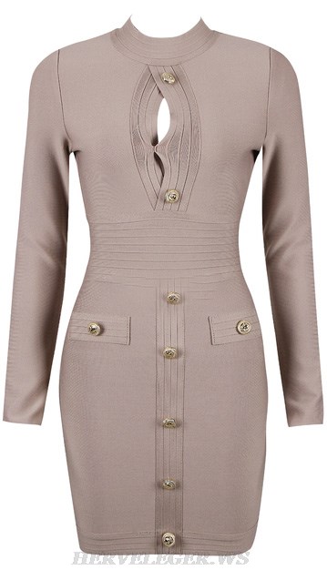 Herve Leger Nude Long Sleeve Button Detail Dress